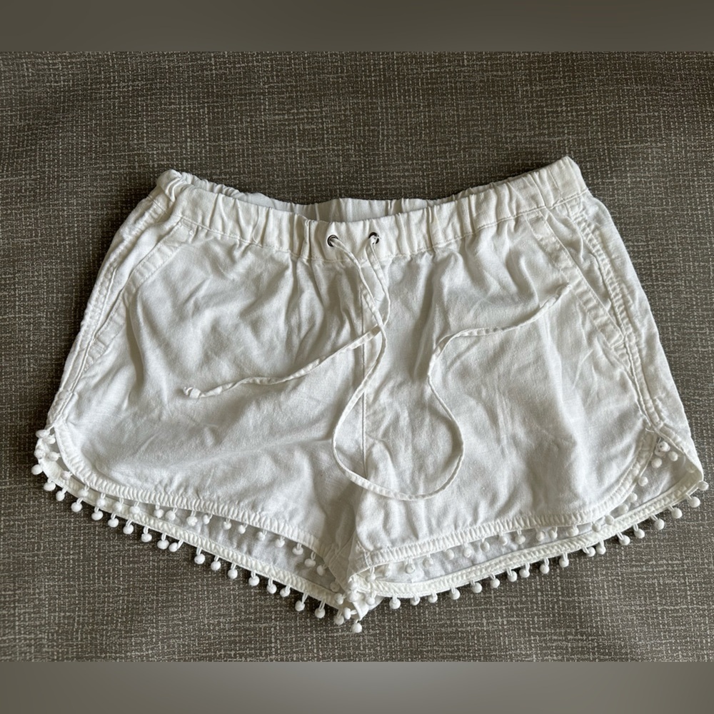 J.Crew Womens Linen Blend Shorts XS White Pom Pom Blend Drawstring Waist Pockets